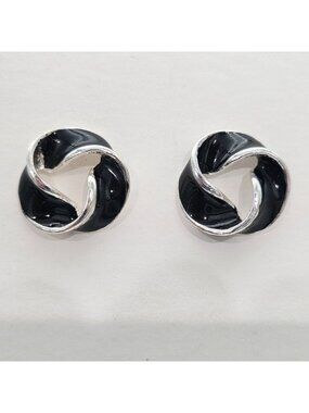 Twisted Black & Silver-Tone Enamel Circle Stud Earrings 1980s Vintage